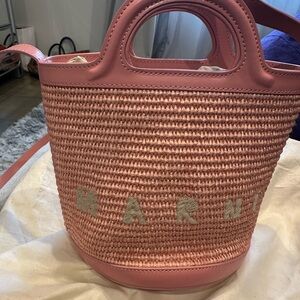 Marni Pink Woven Bucket Tote with Leather Trim